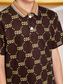 SHEIN Tween男孩休閒舒適全字母印花短袖polo衫 - 棕色 - 查看 8