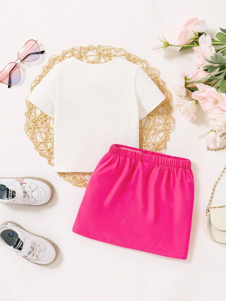 Casual Baby Girls' Faux Pearl Pattern 3D Flower Short Sleeve Top With Elastic Waistband Skirt Set