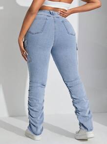 SHEIN SXY Plus Size Fold-Over Skinny Cargo Denim Pants - Light Wash - View 2
