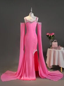 SHEIN Váy Maxi Dây Spaghetti In Dopamine Nhiều Màu Cho Bé Gái Tuổi Teen Kèm Đuôi Váy Đính Kim Sa Lấp Lánh Thích Hợp Cho Tiệc Sinh Nhật, Tiệc, Biểu Diễn, Đám Cưới, Mọi Mùa - Màu Hồng Tươi - Xem 1