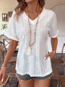 Breezaya 女士空心刺繡分裂t恤 - 白色 - 查看 1