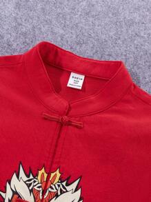 SHEIN Tween Boy Chinese Frog Button Dancing Lion Print Shirt And Solid Shorts Set