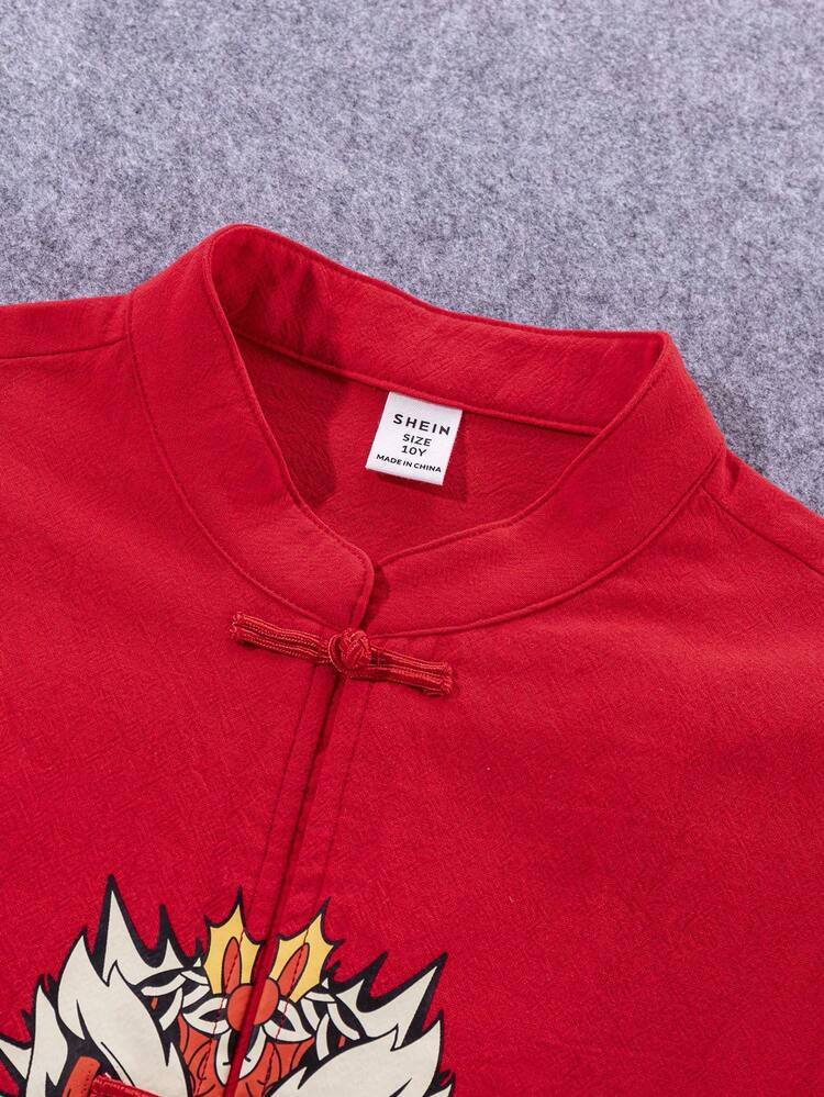 Tween Boy Chinese Frog Button Dancing Lion Print Shirt And Solid Shorts Set