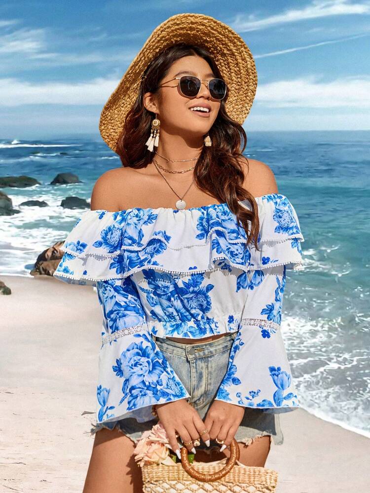 Women's Plus Size Off Shoulder Flare Sleeve Shirt Fall Cloth For Women