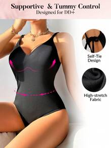 SHEIN Swim 女士結飾露背連身泳衣 Carnival - 黑色 - 查看 3
