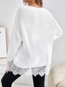 SHEIN LUNE Lace Trimmed V-Neck Long Sleeve Sweater With Lace Hem