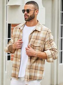 Manfinity Homme Men'S Plus Size Grid Pattern Long Sleeve Shacket - Multicolor - View 3