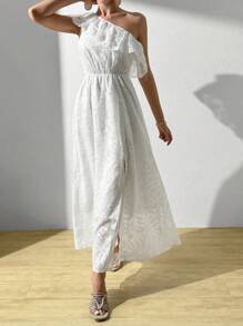 Breezaya 純色不對稱領口波浪邊高開叉連衣裙 - 白色 - 查看 5