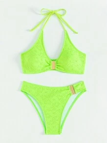 SHEIN Swim 荧光绿两件套比基尼套装狂欢夏日海滩 - 綠色 - 查看 5