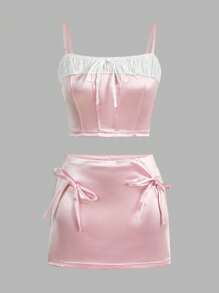 SHEIN BAE Conjunto De Camiseta Sin Mangas Con Tirantes Con Lazo De Bloque De Color Romántico Y Falda De Cintura Baja Para El Día De San Valentín, Para Mujeres