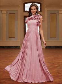 SHEIN Belle Váy dạ hội cho quý cô dự tiệc tối, thiết kế xếp ly một bên vai, váy dự tiệc cưới trang nhã đính hoa 3D thủ công, dự tiệc tốt nghiệp, tiệc tối - Bụi hồng - Xem 6