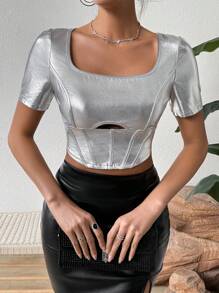 Chiquease 女性不對稱下擺金屬質感t恤 - 銀色 - 查看 3