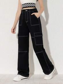 Sparklyn Teenage Girls' New Casual Fashion Straight Cut Cargo Denim Jeans (With Washed Look And Contrasting Stitching)