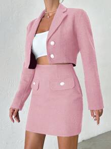 EURMUSE Quý cô Áo vest Áo khoác Với Cổ áo tương phản Và Độ dài của đầu gối Bộ váy - Màu Hồng baby - Xem 3