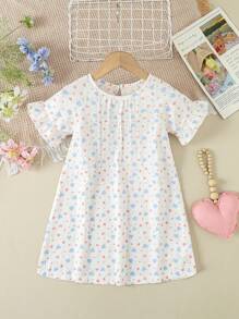 Little Girls' One-Piece Heart Printed Woven Fabric Loose Sleepwear Dress For Home