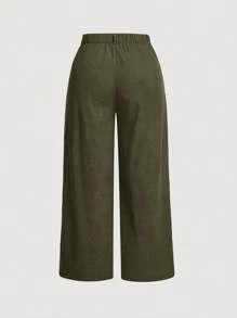 SHEIN MOD Plus Size Plain Pocketed Straight Leg Pants - Army Green - View 2