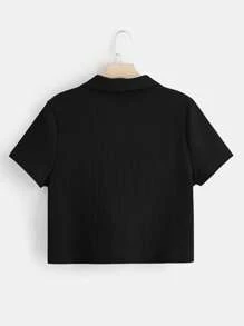 SHEIN EZwear Talla Grande Jersey De Punto Con Abertura Frontal Y Apariencia De Camiseta - Negro - Ver 2
