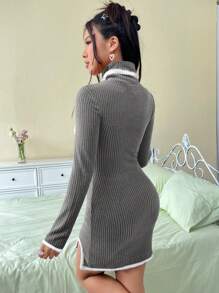 SHEIN EZwear Women'S Color Block High Neck Hollow Out Bow Decoration Dress With Furry Edge