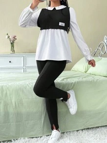 SHEIN EZwear Của phụ nữ Tay áo dài Khối màu Áo Và Xà cạp Bộ - Đen và trắng - Xem 3