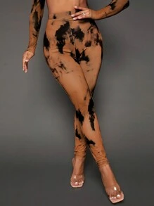 SHEIN SXY 女用針織紮染印花緊身緊身褲 - 棕色 - 查看 1