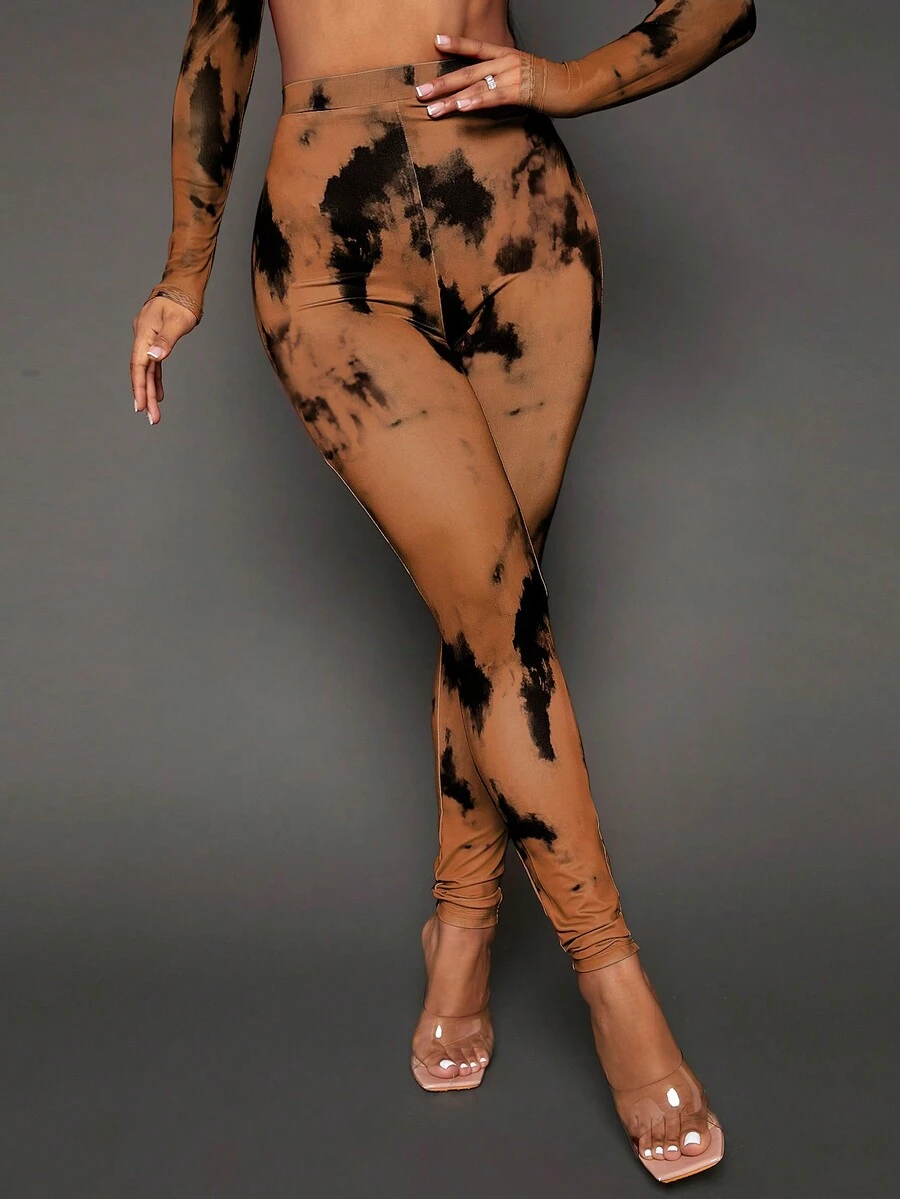 SHEIN SXY 女用針織紮染印花緊身緊身褲 - 棕色 - 查看 1