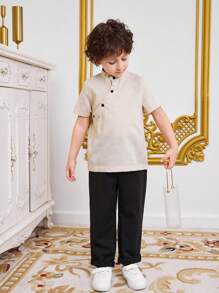 SHEIN Young Boy's Asymmetrical Placket Stand Collar Button Half-Open Shirt - Beige - View 4