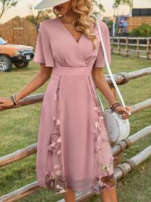 SHEIN LUNE Women'S Floral Embroidery Mesh Splicing Dress - Pink - View 5