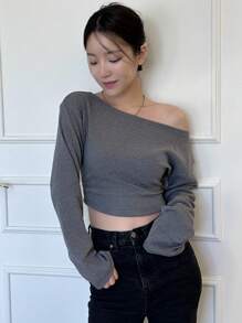 DAZY Áo thun nữ dài tay ngắn màu trơn, quần áo mùa thu thời trang thanh lịch - Xám - Xem 7