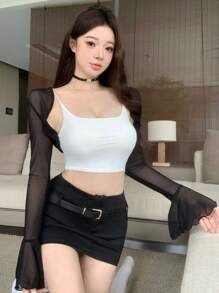 DAZY 女式超短款网眼吊带背心，喇叭袖，外出上衣，夏季，荷叶边透明长袖女式上衣 - 黑色 - 查看 5