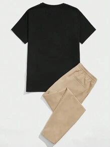 Manfinity VCAY 男士字母印花針織短袖t恤和細條紋長褲套裝 - 卡其色 - 查看 2