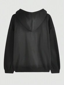 休闲纯色抽绳连帽宽松夹克 - 黑色 - 查看 2