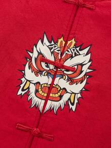 SHEIN Tween Boy Chinese Frog Button Dancing Lion Print Shirt And Solid Shorts Set