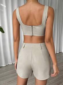 SHEIN EZwear 素色短款背心和褶皺短褲 - 杏色 - 查看 2