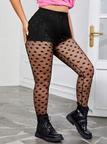 SHEIN EZwear Ngày lễ tình nhân Tim Lưới Dài Eo cao Xà cạp - màu đen - Xem 3