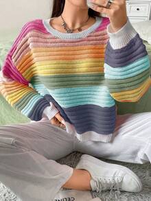 SHEIN MOOSTA Plus Size Rainbow Striped Long Sleeve Pullover Sweater - Multicolor - View 7