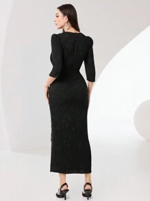 Modelyn 女士 V 领泡泡袖连衣裙长款晚礼服 - 黑色 - 查看 2