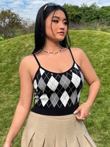 SHEIN Qutie Plus Size Rhombus Check Knit Top - Multicolor - View 4