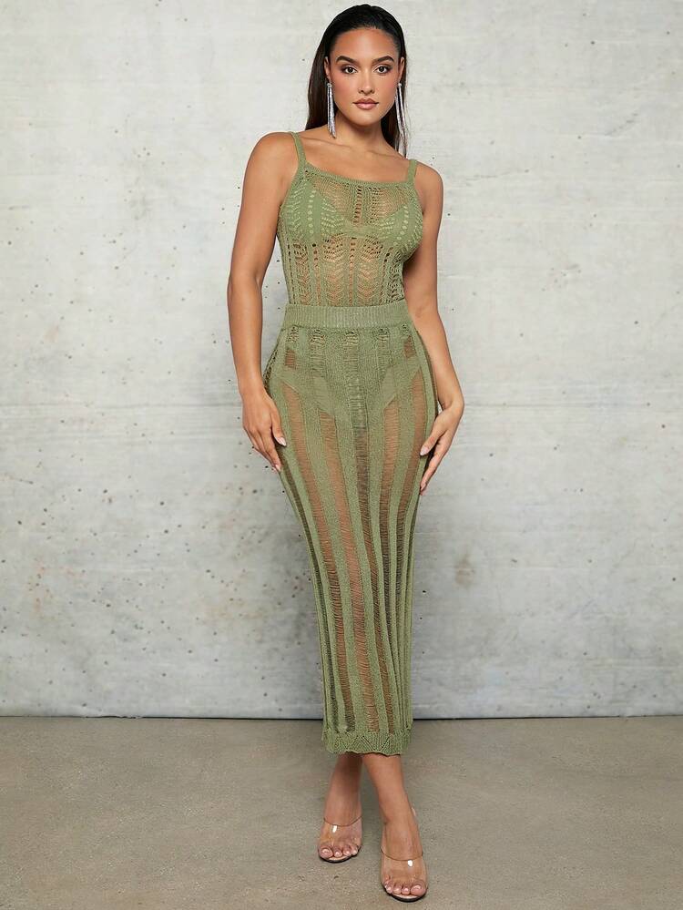 Cover Ups Green Crocheted Hollow See-Through Square Collar Spring And Summer Holiday Festival Clothes Vest Suspender Women's Bodysuit