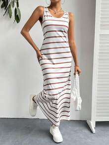 SHEIN Essnce 休閒條紋無袖夏裝連身裙 - 彩色 - 查看 4