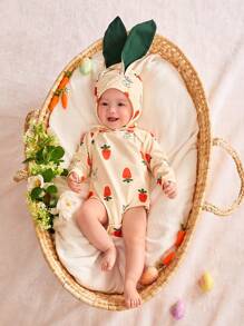 SHEIN Cute Rabbit & Carrot Pattern Round Neck Long Sleeve Romper With Hat Set For Newborn Baby Girl - Multicolor - View 3
