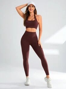 Yoga Basic 女性純色露背背心和打底褲運動套裝 - 咖啡棕 - 查看 2