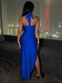 SHEIN Slayr Women's Solid Color Draped Collar Halter Slit Dress - Navy Blue - View 2