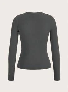 SHEIN BASICS Của phụ nữ Màu thuần Tay áo dài Áo thun - Màu xám đen - Xem 2