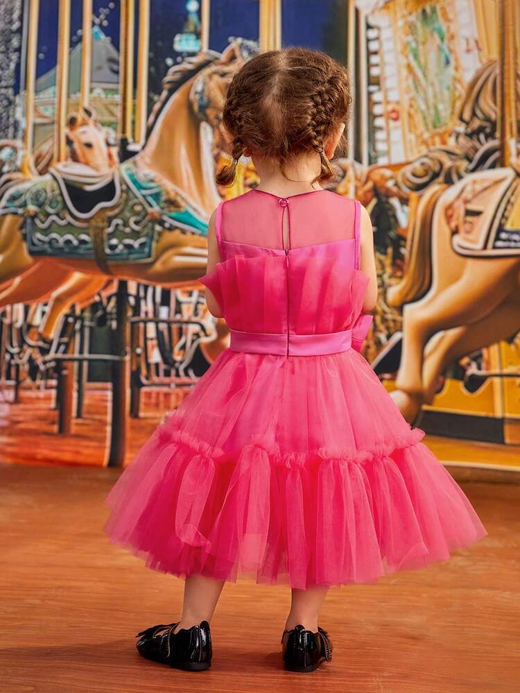 Baby Girl Spring/Summer Elegant Festive Cute Everyday Casual Dress In Gorgeous Mesh Material With Pink Bow