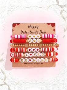 ROMWE Kawaii 6入組美麗時尚的心形珠子聚合物黏土手鐲套裝,適用於女性日常佩戴,是一份很棒的情人節禮物、新年禮物或節日禮物（手鐲+卡片） - 彩色 - 查看 1