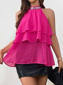 SHEIN Privé Của phụ nữ Nhiều lớp Xù Hoa Sen Halter Neck Áo sơ mi - Màu Hồng Tươi - Xem 2