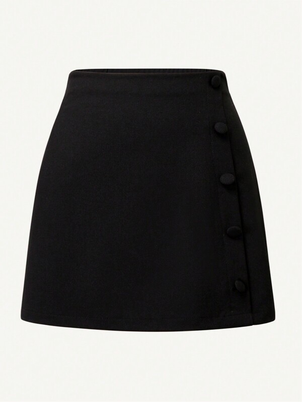 SHEIN MOD Ladies' Solid Color Front Button Mid-Length Skirt