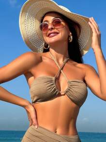 SHEIN Swim 女士纯色纹理吊带比基尼套装音乐节夏季 - 卡其色 - 查看 3