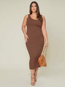 EMERY ROSE Plus Solid Bodycon Casual Dinner Dating Dress - Brown - View 1