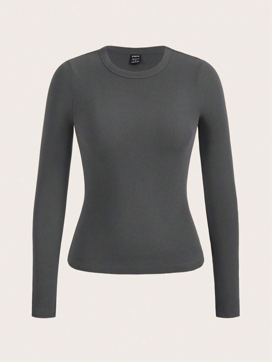 SHEIN BASICS Của phụ nữ Màu thuần Tay áo dài Áo thun - Màu xám đen - Xem 1